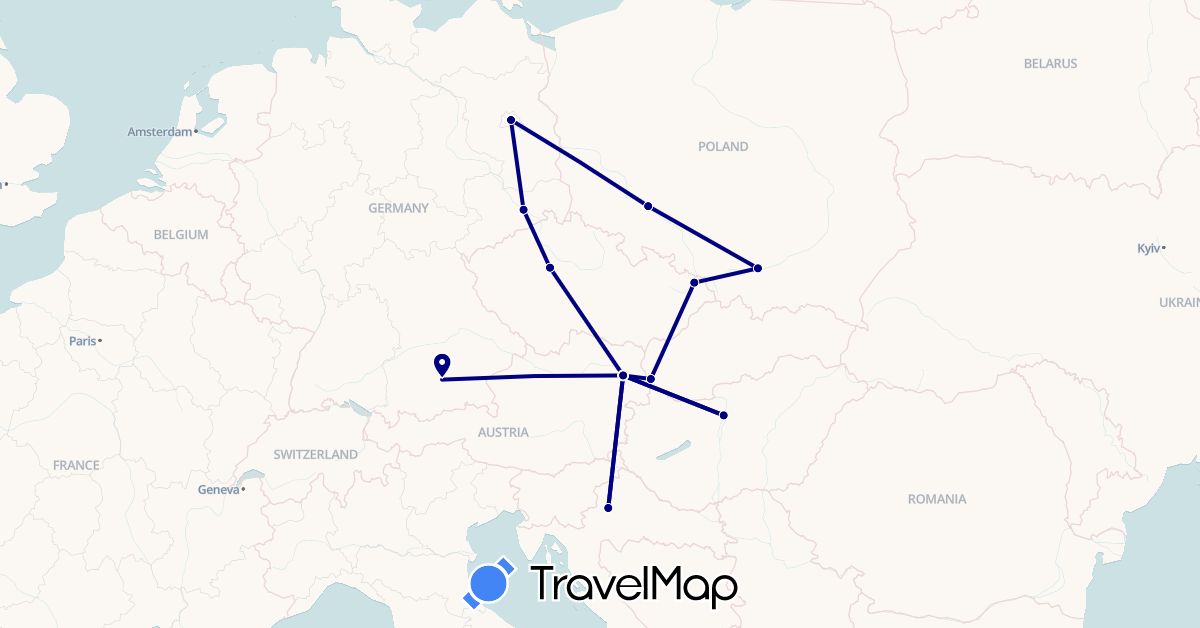 TravelMap itinerary: driving in Austria, Czech Republic, Germany, Croatia, Hungary, Poland, Slovakia (Europe)